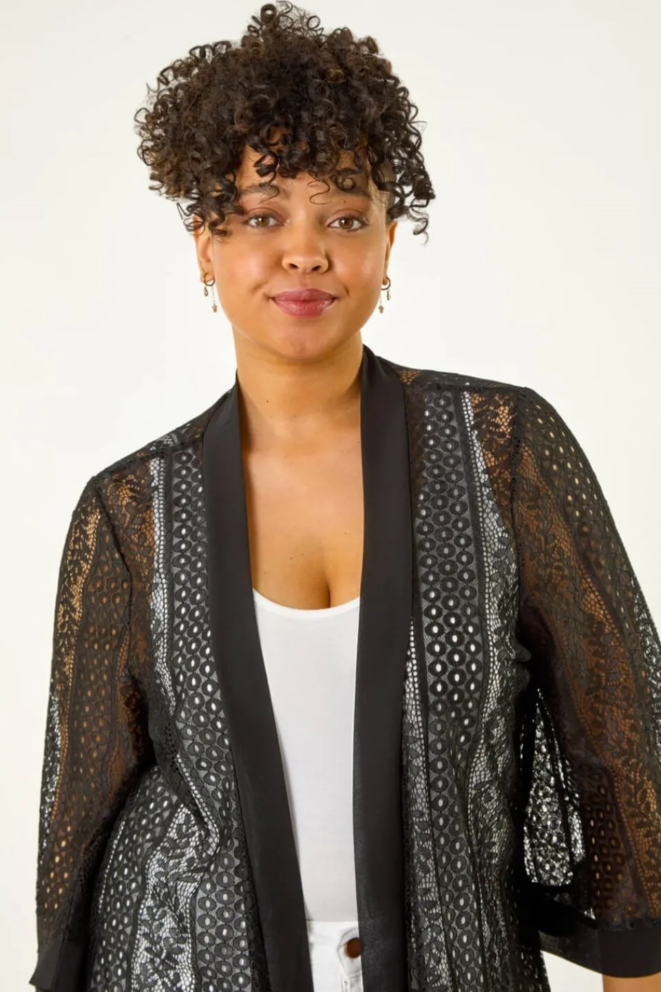 Tops>Roman Black Curve Crochet Knit Cardigan