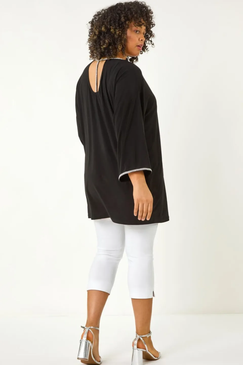 Tops>Roman Black Curve Diamante Trim Stretch Top