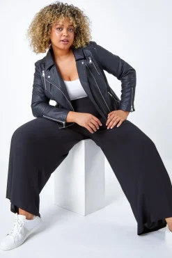 Trousers>Roman Curve Elastic Waist  Wide Leg Trousers Black