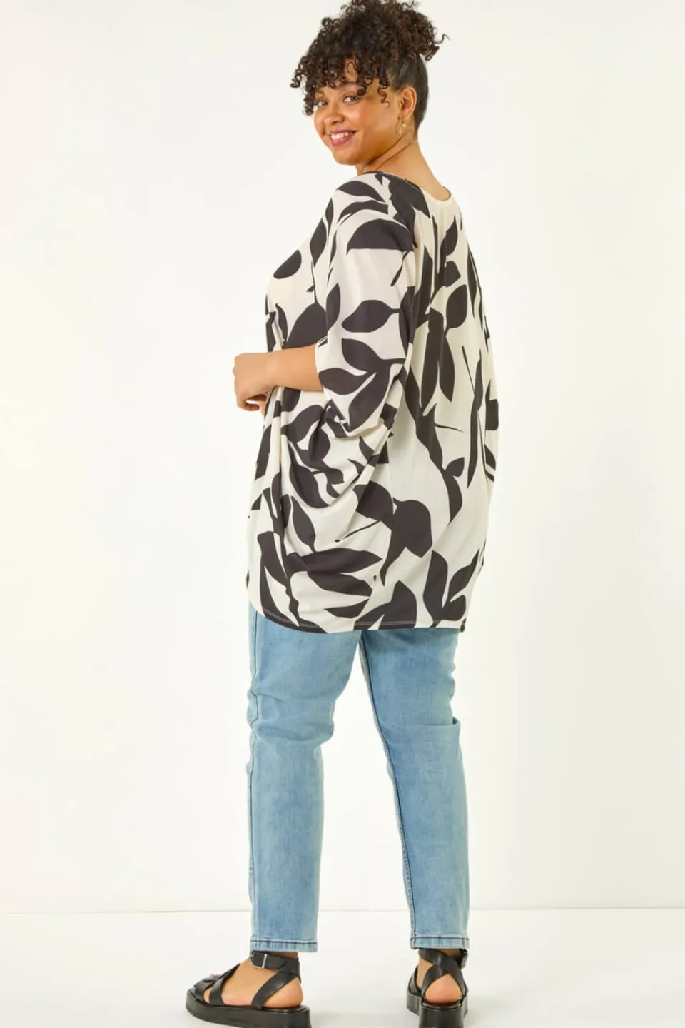 Tops>Roman Black Curve Large Floral Print Cocoon Top