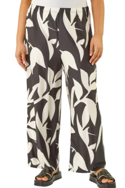 Trousers>Roman Black Curve Leaf Print Stretch Trousers