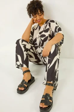 Trousers>Roman Black Curve Leaf Print Stretch Trousers