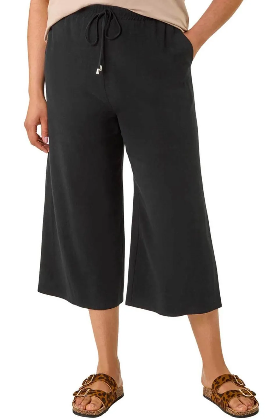 Trousers>Roman Black Curve Linen Mix Cropped Trousers