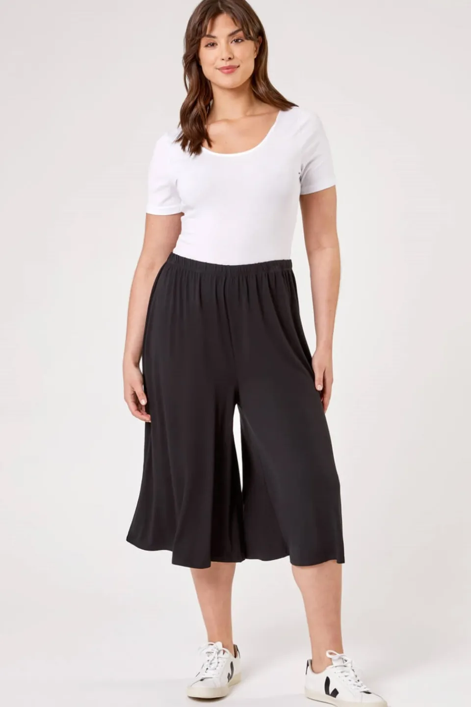 Trousers>Roman Black Curve Plain Elastic Waist Culotte Trousers