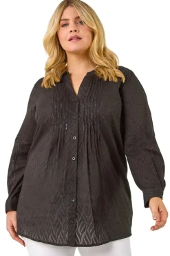 Tops>Roman Black Curve Shimmer Jacquard Blouse