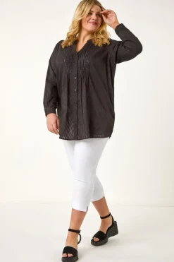 Tops>Roman Black Curve Shimmer Jacquard Blouse