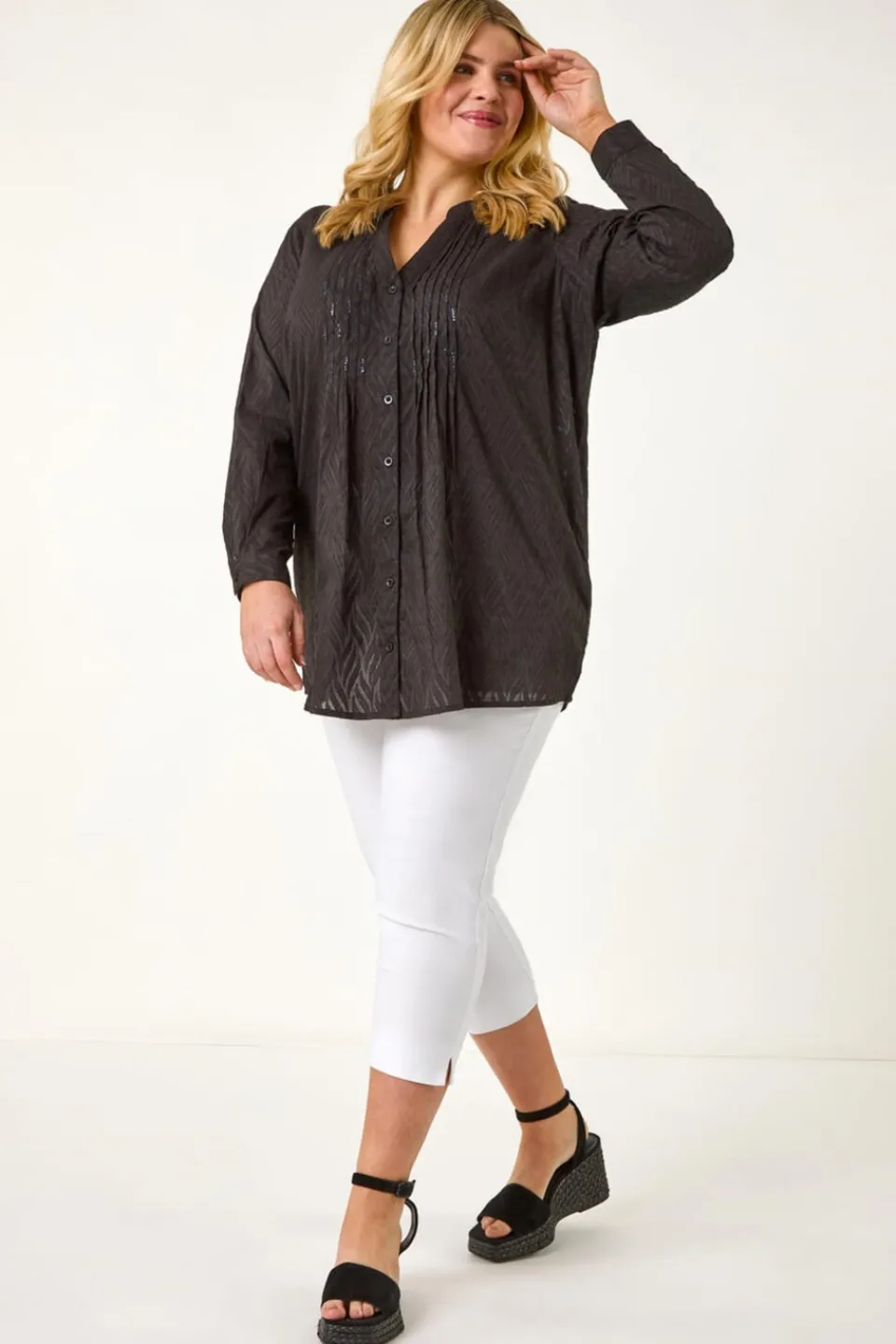 Tops>Roman Black Curve Shimmer Jacquard Blouse