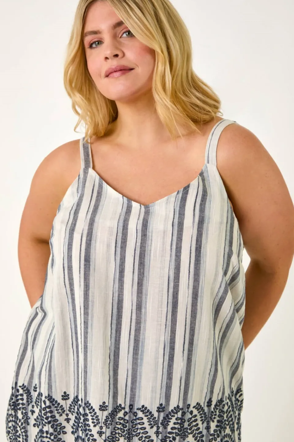 Tops>Roman Black Curve Strappy Broderie Hem Vest