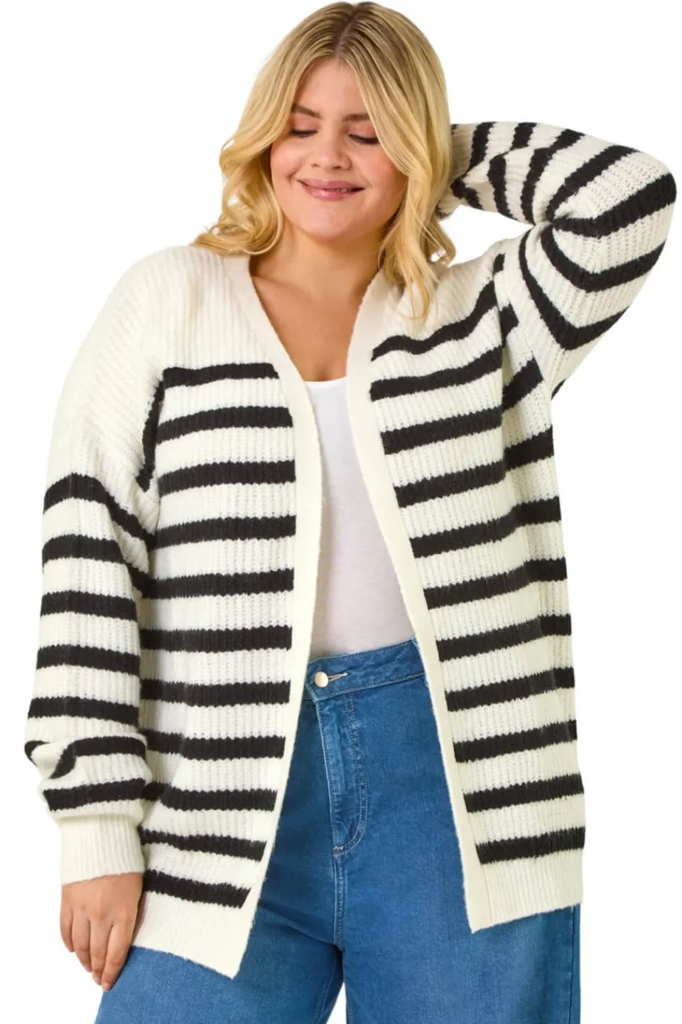 Tops>Roman Black Curve Stripe Edge to Edge Cardigan
