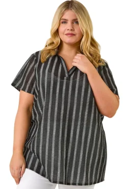 Tops>Roman Black Curve Stripe Collared Knit Top