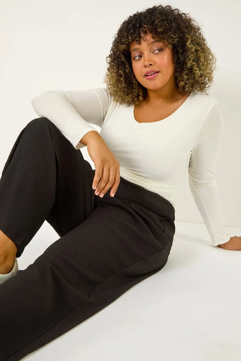 Trousers>Roman Black Curve Textured Elastic Waist Wide Leg Trouser