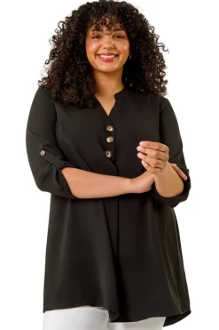 Tops>Roman Black Curve Textured Buttoned Tunic Top