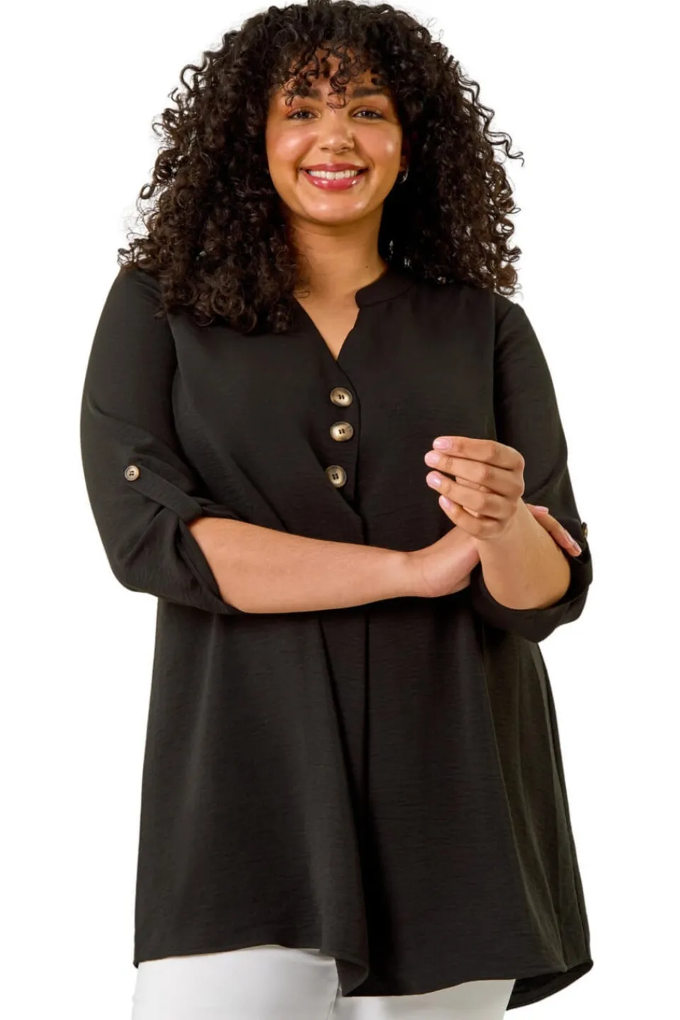 Tops>Roman Black Curve Textured Buttoned Tunic Top