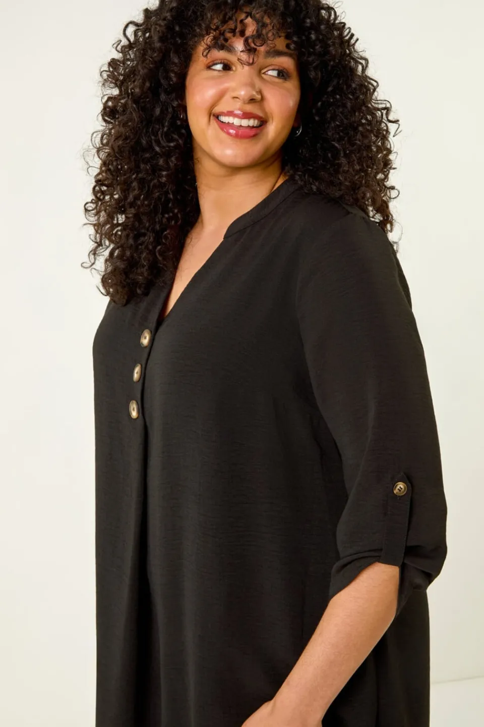 Tops>Roman Black Curve Textured Buttoned Tunic Top