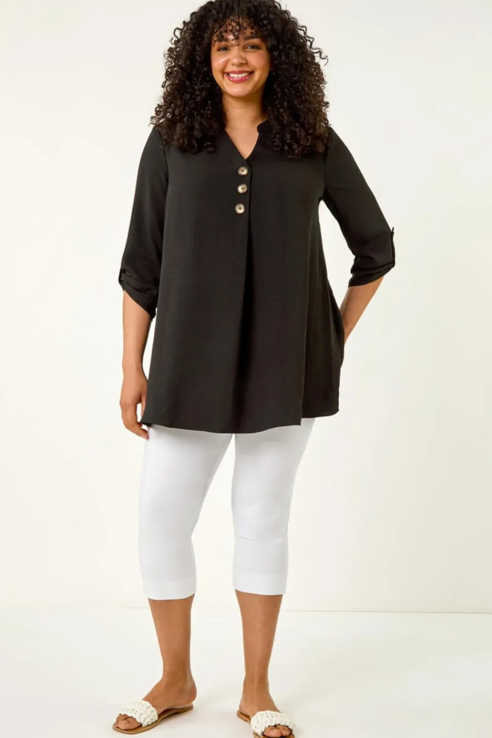 Tops>Roman Black Curve Textured Buttoned Tunic Top