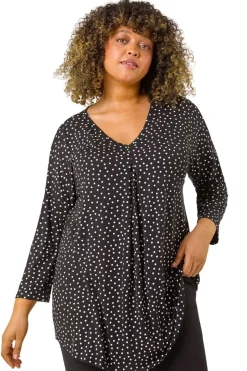 Tops>Roman Black Curve V-Neck Spot Print Tunic