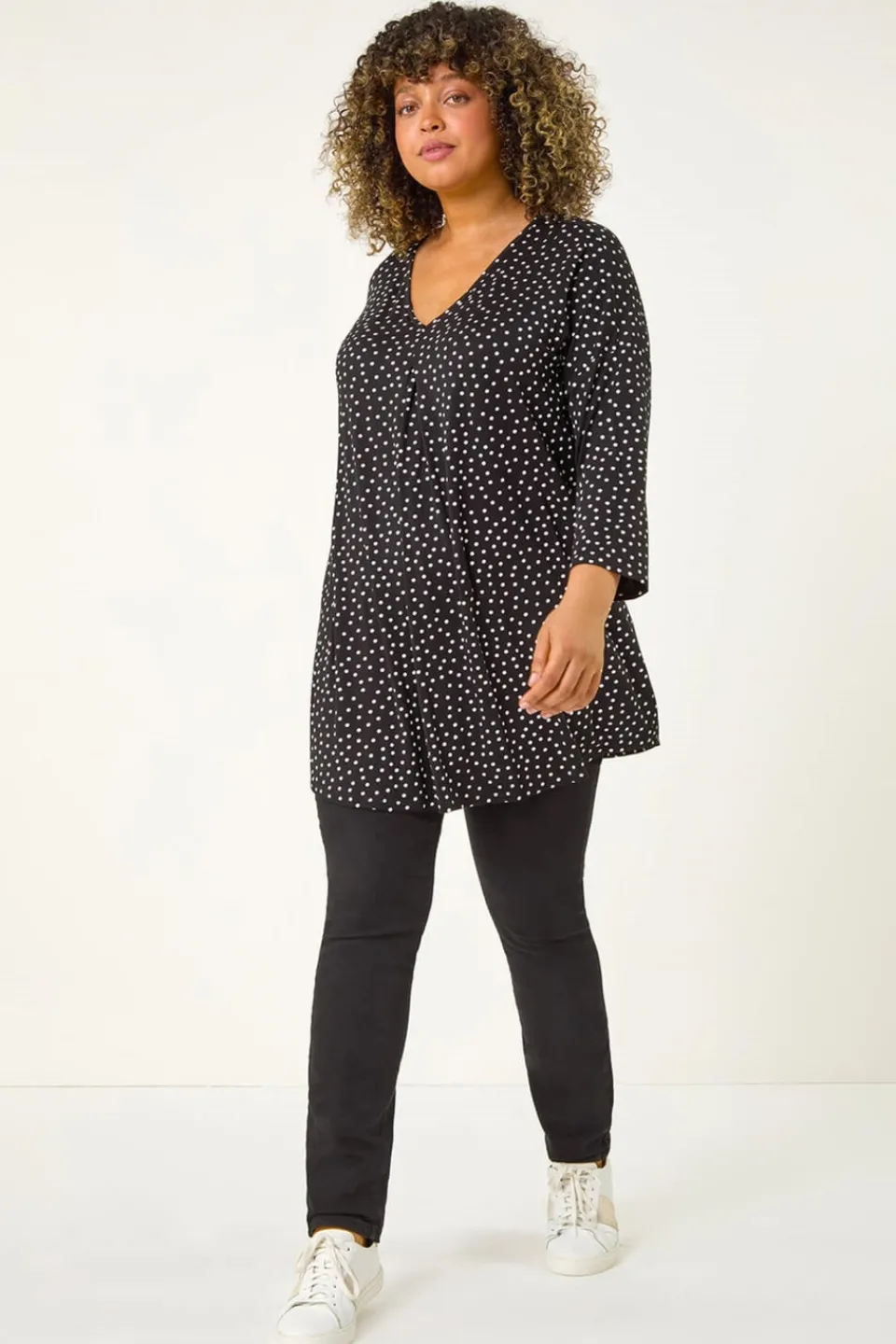 Tops>Roman Black Curve V-Neck Spot Print Tunic