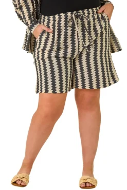 Shorts>Roman Black Curve Zig Zag Tie Waist Shorts