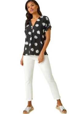Tops>Roman Black Daisy Print Pleat Front Top