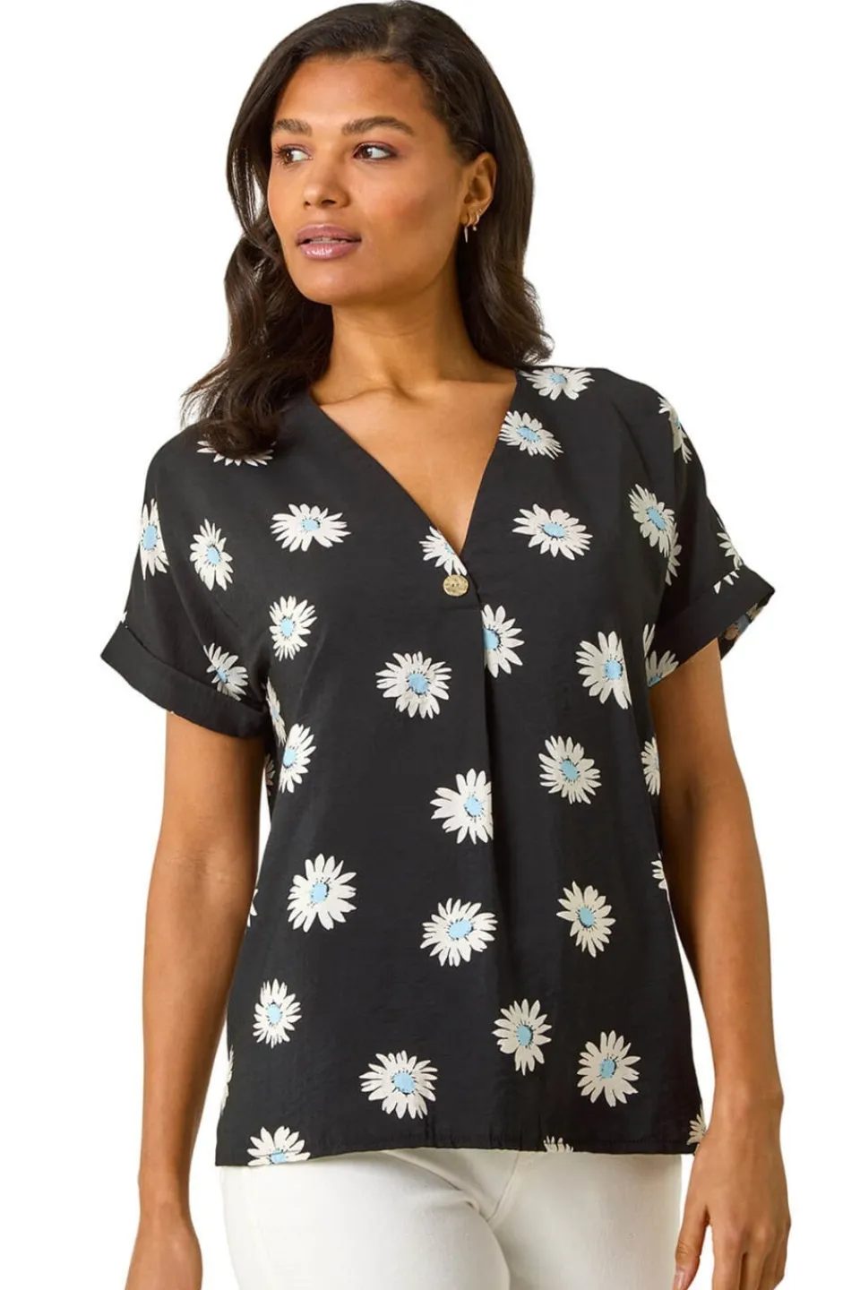 Tops>Roman Black Daisy Print Pleat Front Top