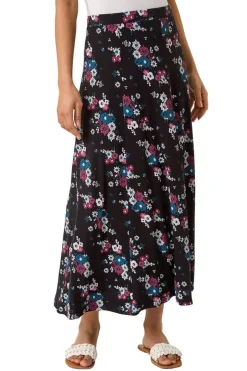 Skirts>Roman Black Diagonal Ditsy Floral Print Skirt