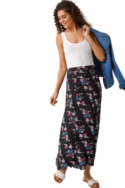 Skirts>Roman Black Diagonal Ditsy Floral Print Skirt