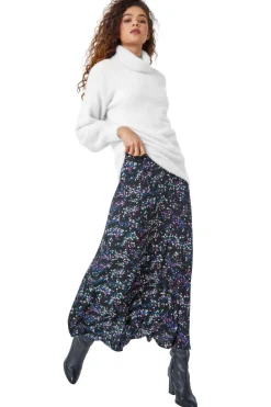 Skirts>Roman Black Ditsy Floral Stretch Elastic Waist Midi Skirt