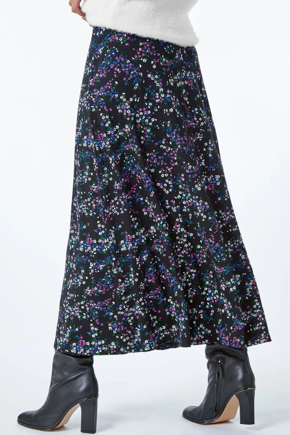 Skirts>Roman Black Ditsy Floral Stretch Elastic Waist Midi Skirt