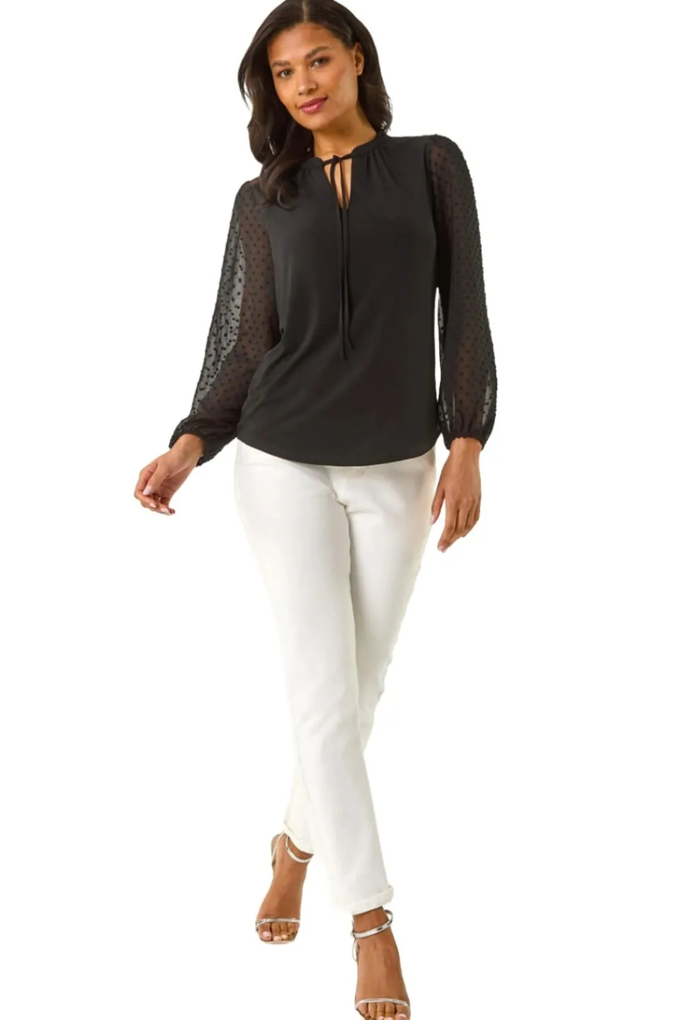 Tops>Roman Black Dobby Spot Tie Neck Mesh Top