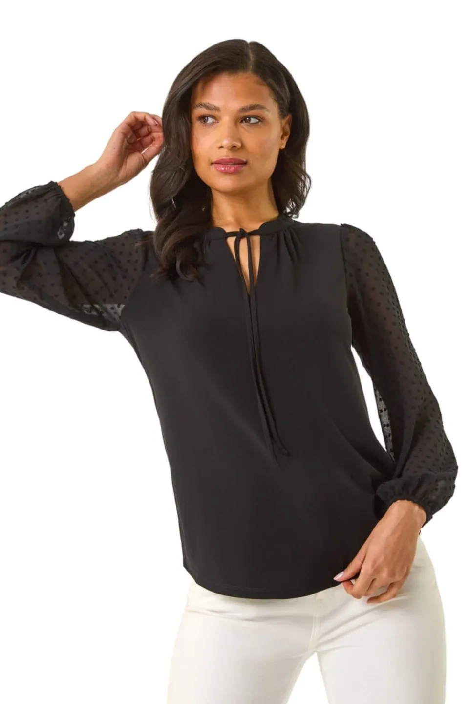 Tops>Roman Black Dobby Spot Tie Neck Mesh Top