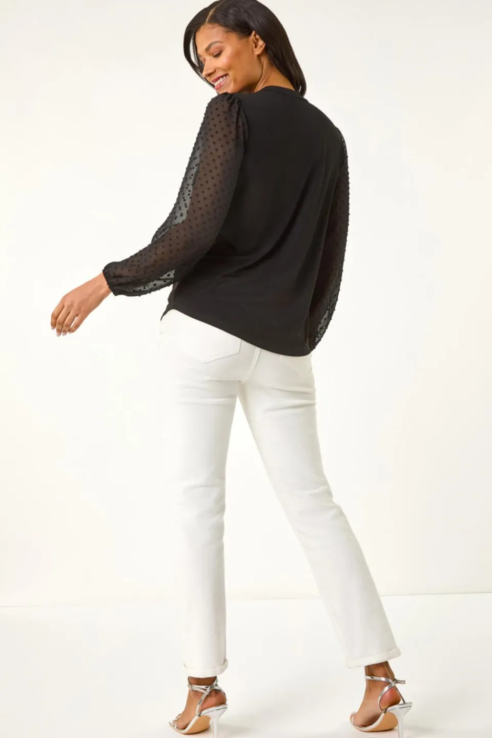 Tops>Roman Black Dobby Spot Tie Neck Mesh Top