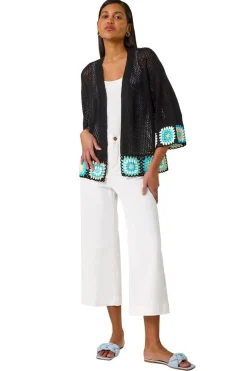 Knitwear>Roman Black Edge Crochet Hem Knit Cardigan