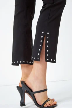 Trousers>Roman Black Elastic Waist Stud Detail Cropped Trouser