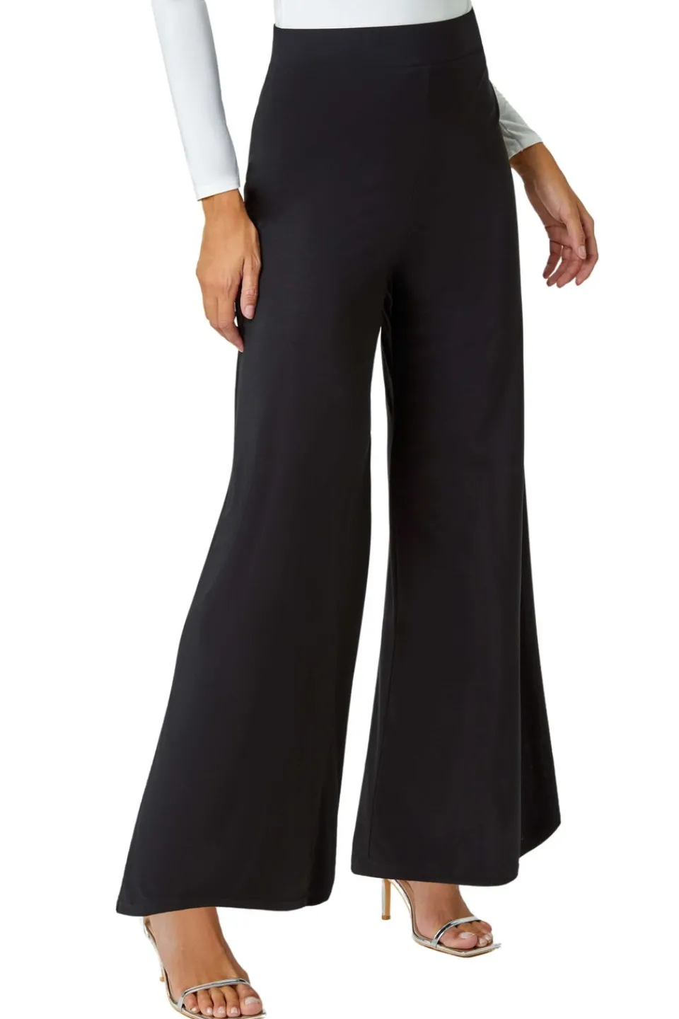 Trousers>Roman Elastic Waist Wide Leg Stretch Trousers Black