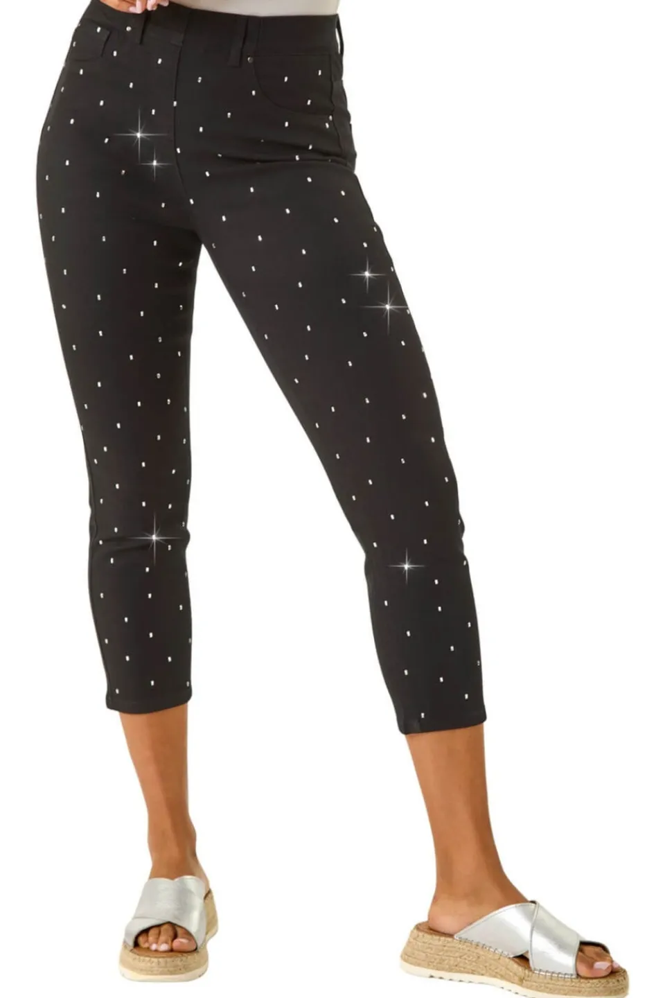 Leggings>Roman Black Embellished Cropped Stretch Jeggings
