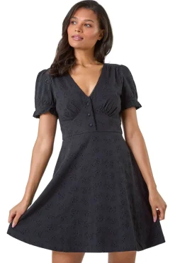 Dresses>Roman Black Embroidered Cotton Stretch Jersey Frill Dress