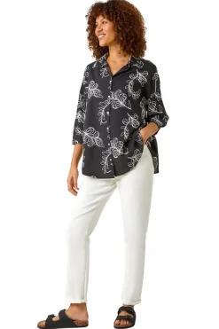 Tops>Roman Black Embroidered Floral Cotton Shirt