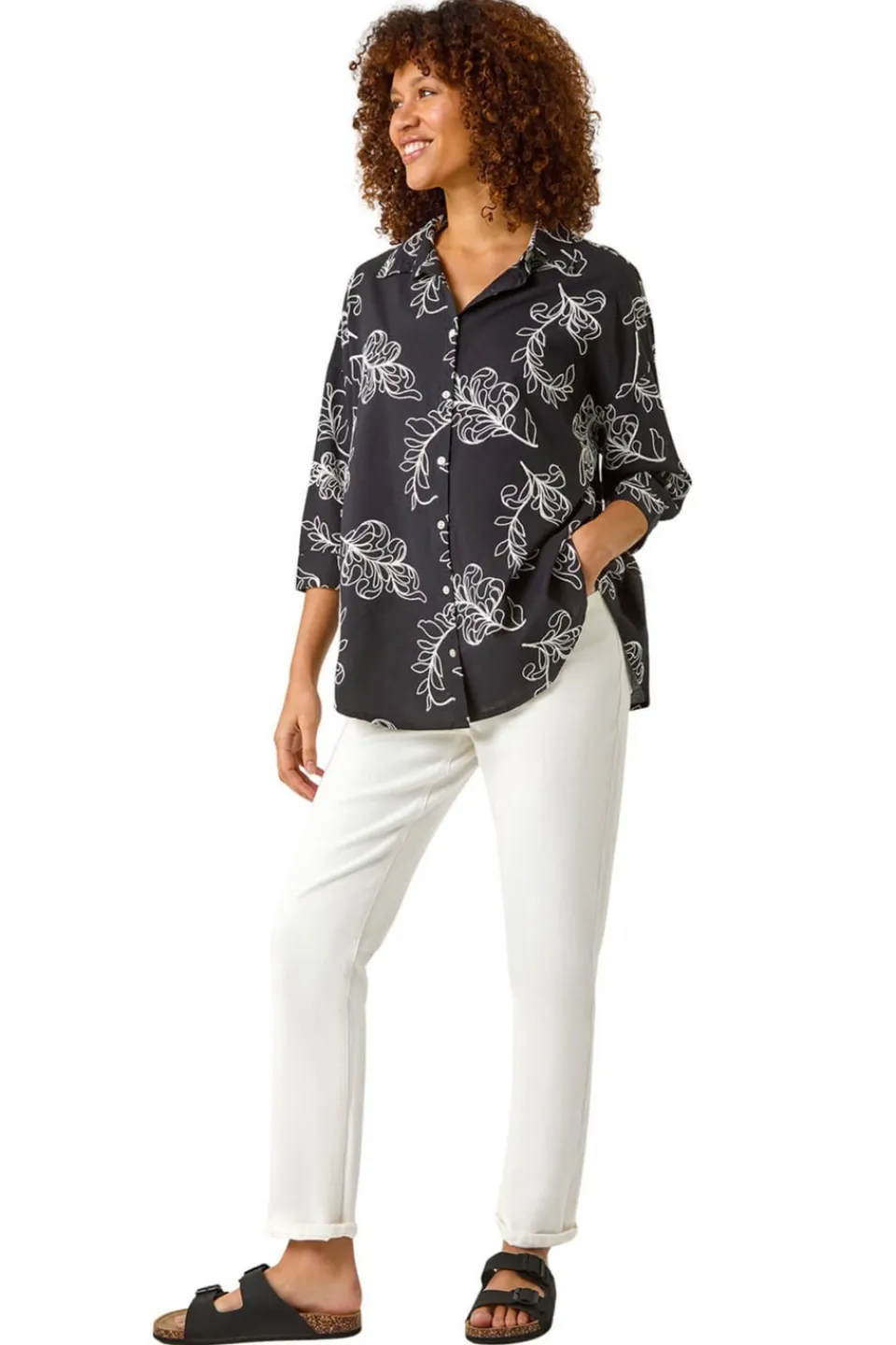 Tops>Roman Black Embroidered Floral Cotton Shirt