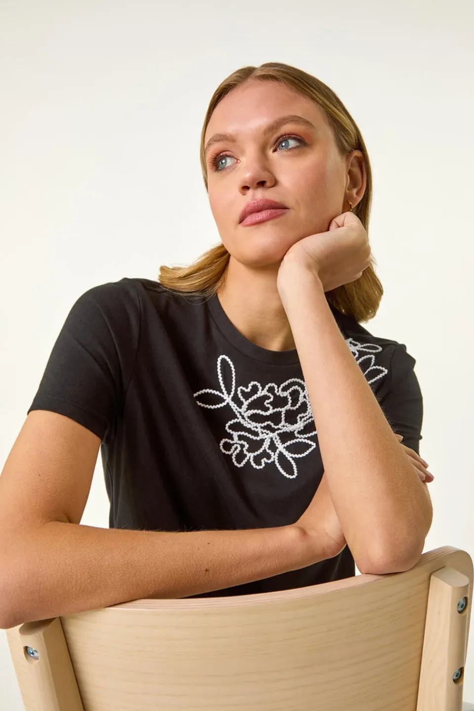 T-Shirts>Roman Black Embroidered Stretch T-Shirt
