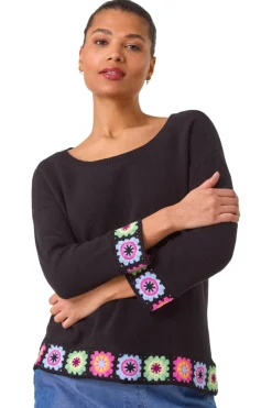 Tops>Roman Black Floral Crochet Hem Cotton Jumper