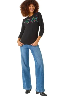 Tops>Roman Black Floral Embroidered Jumper