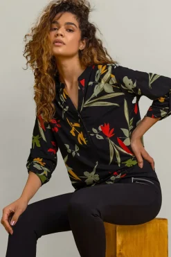 Tops>Roman Black Floral Print Notch Neck Top
