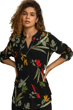 Tops>Roman Black Floral Print Notch Neck Top