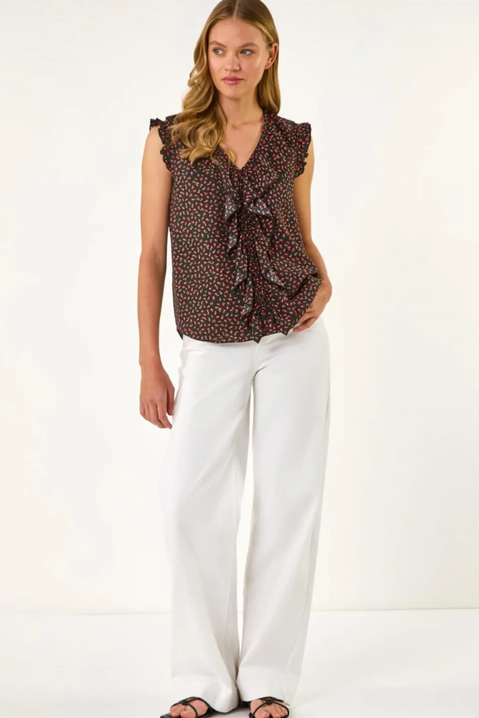 Tops>Roman Black Floral Print Ruffle Front Top