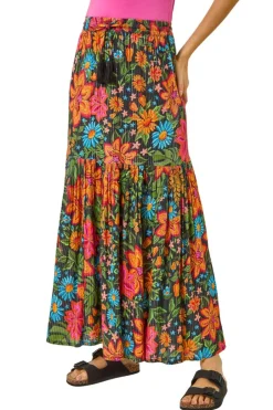 Skirts>Roman Black Floral Print Tiered A Line Skirt
