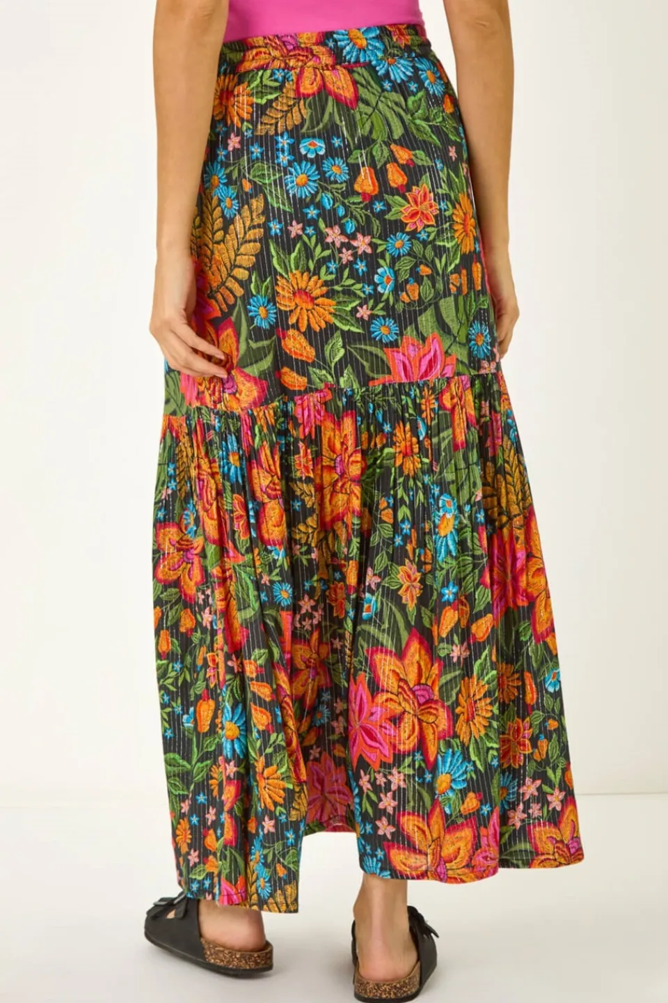 Skirts>Roman Black Floral Print Tiered A Line Skirt