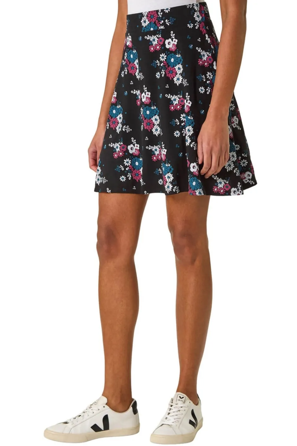 Skirts>Roman Black Floral Print Skater Stretch Skirt