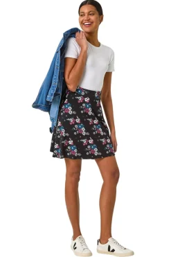 Skirts>Roman Black Floral Print Skater Stretch Skirt