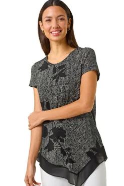 Tops>Roman Black Floral Print Chiffon Hem Top
