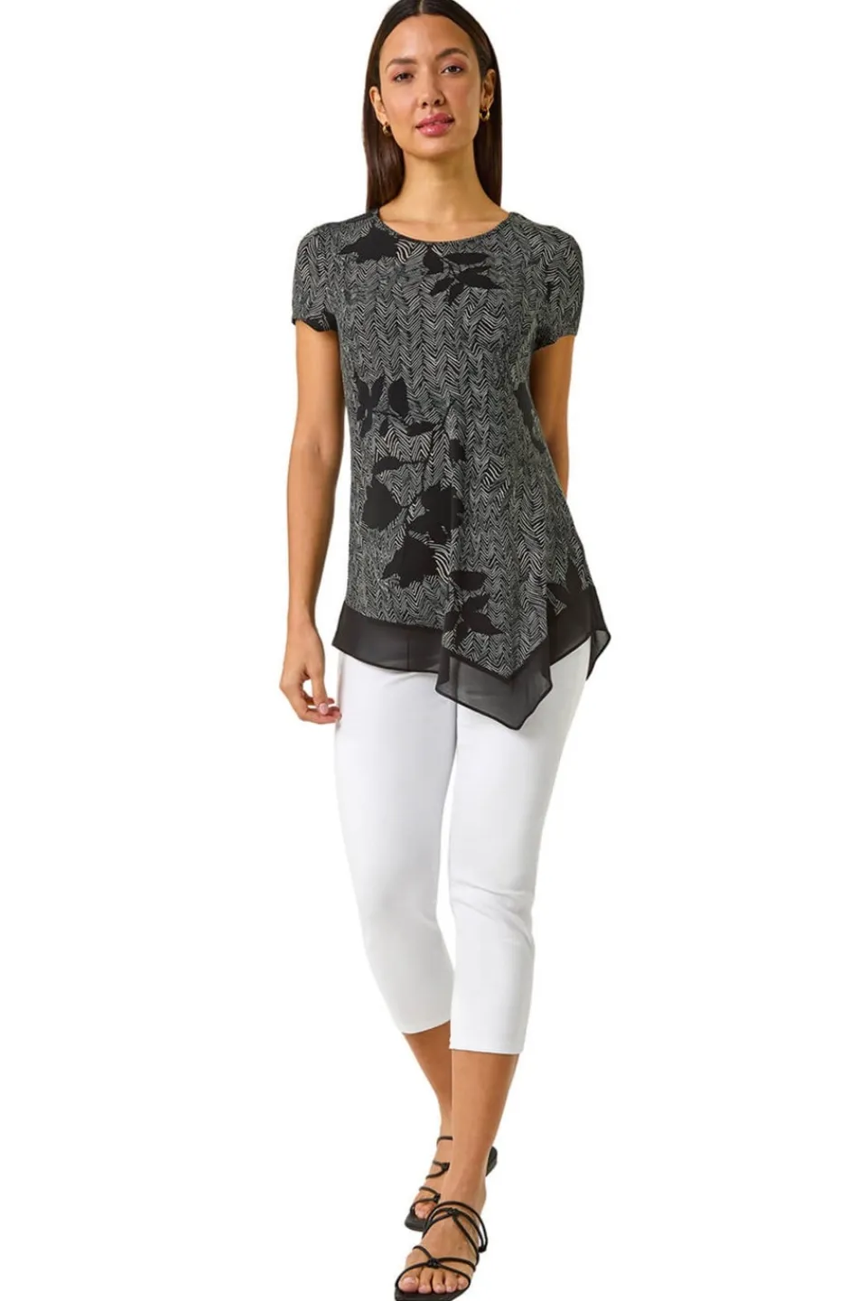 Tops>Roman Black Floral Print Chiffon Hem Top